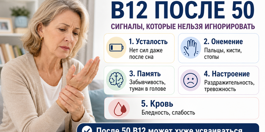 B12 после 50: почему усталость и онемение могут быть не просто старостью