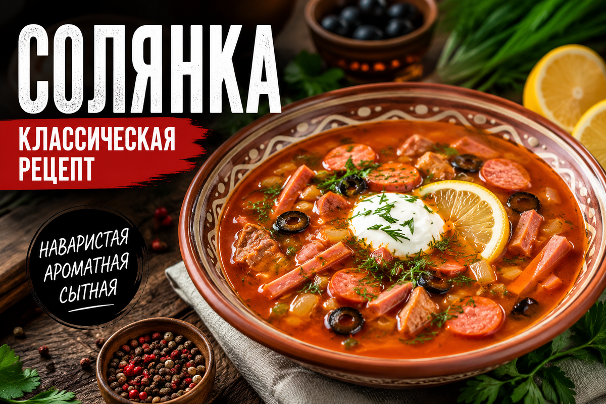 тарелка классической мясной солянки с кусочками говядины, колбасы, маслинами, ломтиком лимона и ложкой сметаны.