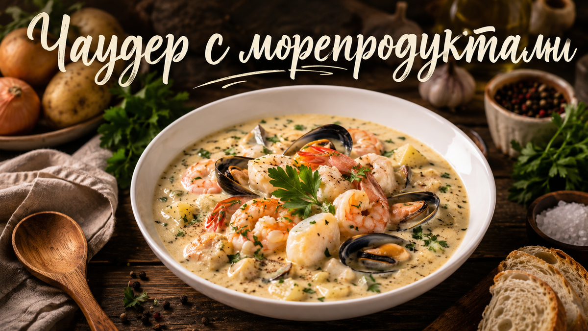 Густой суп чаудер с морепродуктами 