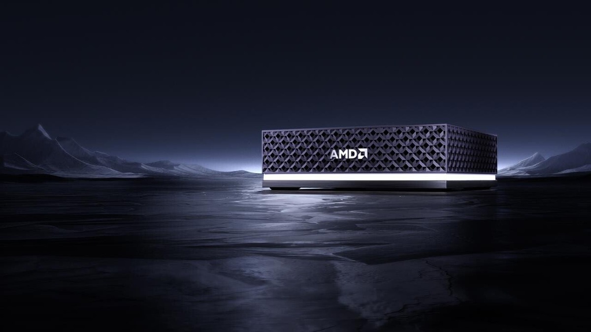    Dark icy landscape with a glowing AMD server block resting on a reflective surface.