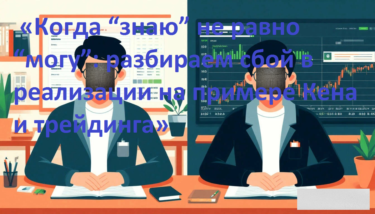 диптих (две вертикальные части). Слева — студент в библиотеке, перед ним пробник-тест, он расслаблен; справа — тот же человек в аудитории на экзамене, плечи напряжены, взгляд «в пустоту». На фоне монитора трейдера — аналогичная пара: слева демо‑счёт (зелёные цифры, спокойствие), справа реальный счёт (волатильный график, напряжение)