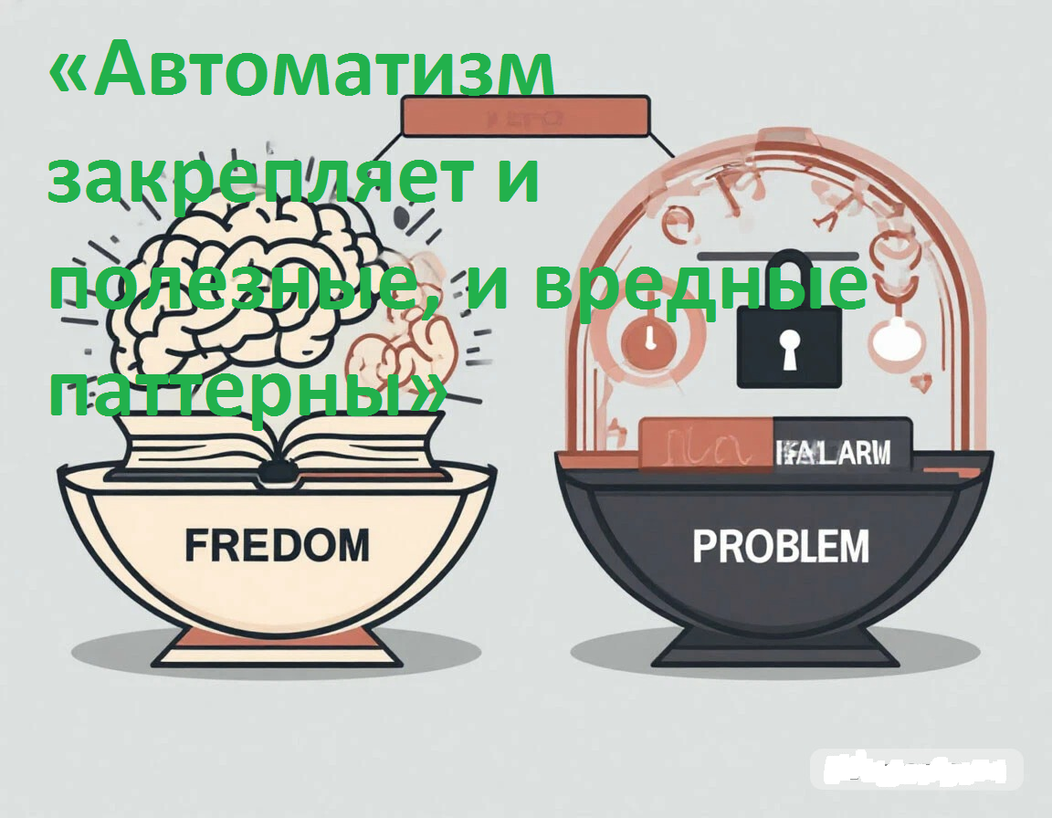 простая схема‑весы. На одной чаше — «Свобода» (иконка мозга + подкаст/книга), на другой — «Рабство» (иконка петли/замка + тревожные сигналы)