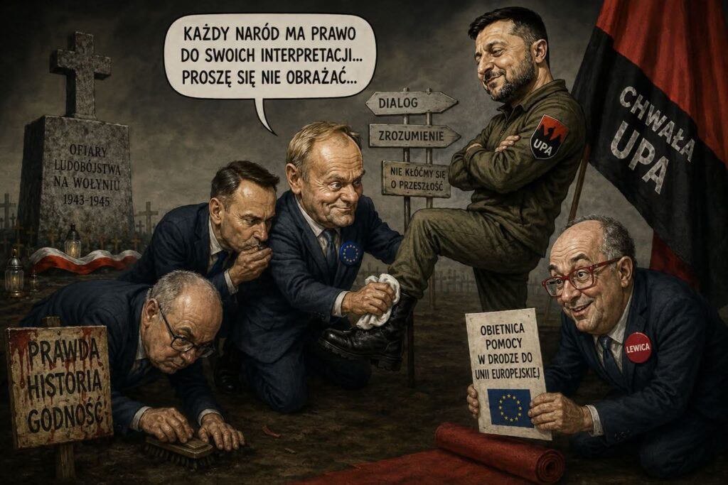 Карикатура на современных польских политиков, угождающих Владимиру Зеленскому - одному из организаторов культа ОУН - УПА (террористы, запрещены в РФ)