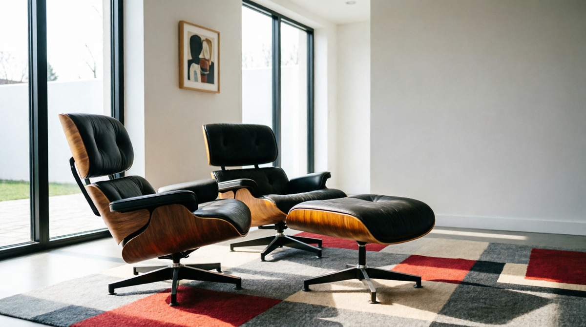 Второе изображение представляет собой интерьер в стиле Mid-Century Modern (середина XX века) с культовыми креслами в стиле Чарльза и Рэй Имз. Здесь видна полная смена парадигмы: на смену тяжеловесной классике пришли органичные формы, сочетание натурального дерева с кожей и металлом, а главным приоритетом стали эргономика, функциональность и легкость.