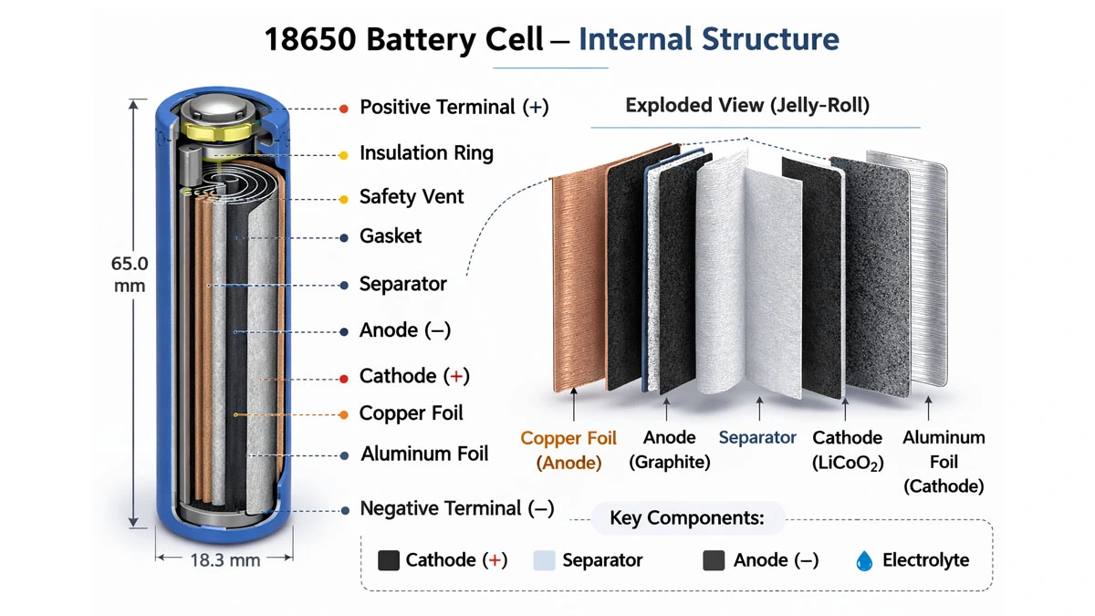 Устройство батареи 18650. Изображение со страницы: https://www.whalebattery.com/blog-detail/18650-battery-guide