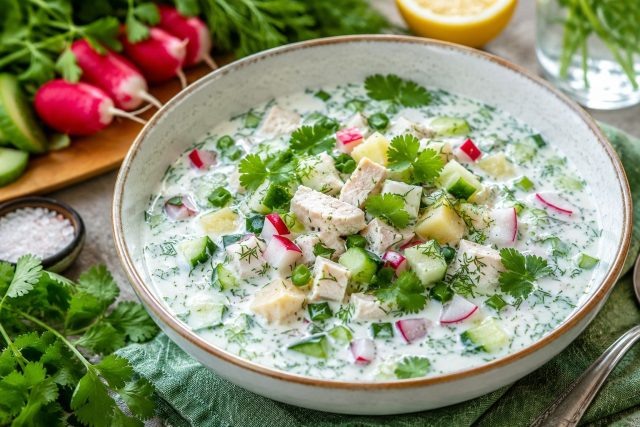 Окрошка на айране с курицей и кинзой  📷
