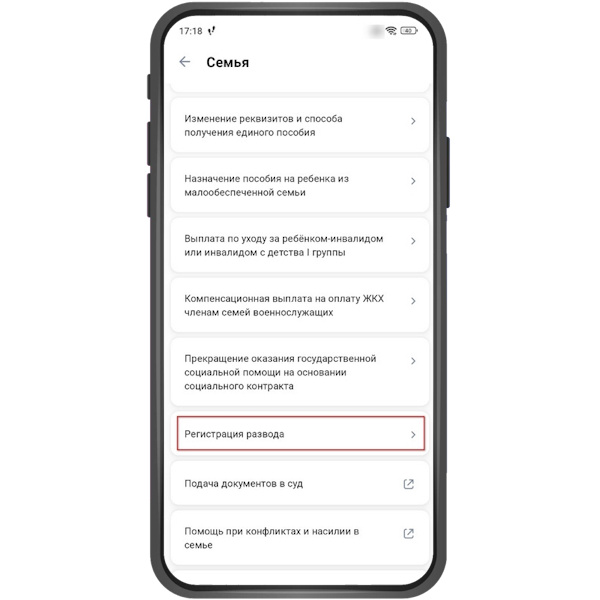 Выберите «Регистрация расторжения брака». →