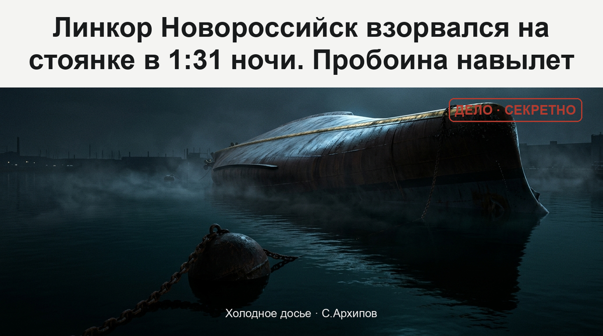 Перевёрнутый вверх килем корпус линкора «Новороссийск» в ночной Севастопольской бухте — он опрокинулся через несколько часов после взрыва 29 октября 1955 года.