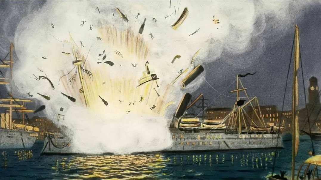 Иллюстрация гибели броненосца  "Maine". Фотография взята из общедоступных источников интернет 