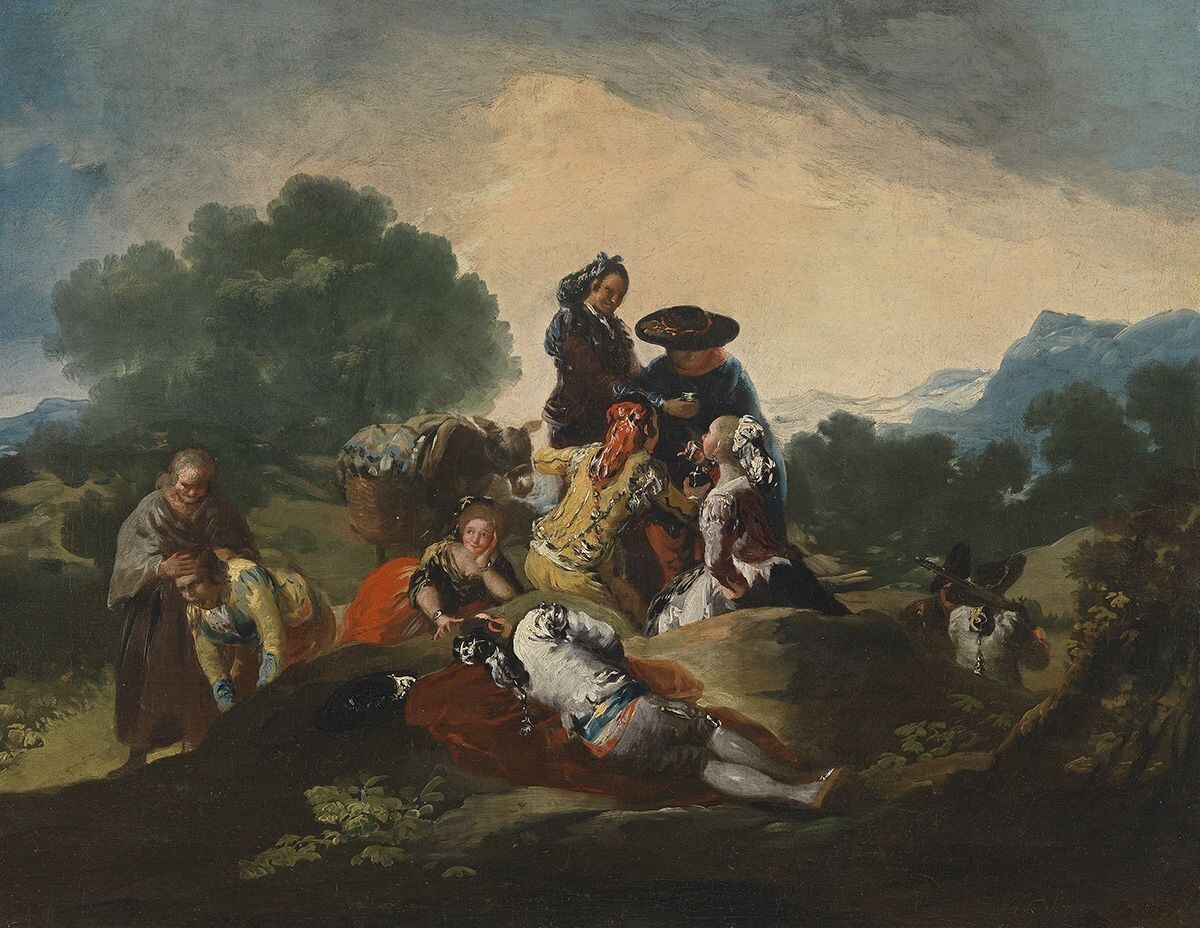 Франсиско Гойя «Пикник», 1786 –1788 годы. Холст, масло. Размеры: 42,6х55,3 см. Старая Пинакотека, Мюнхен. Инв. HuW 23. Фото картины взято из открытого источника.