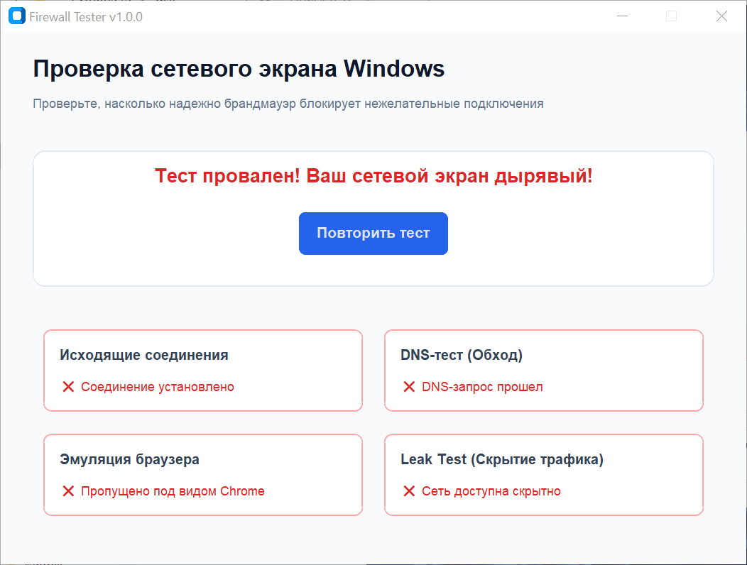 Не удивляйтесь, подобный результат вы получите даже при наличии антивируса, без сетевого экрана - встроенный брендмауер не справляется с этим тестом! 