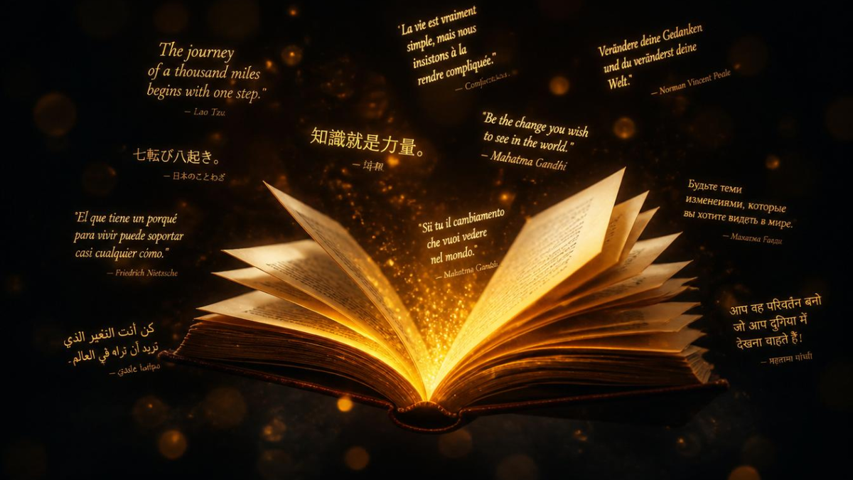 Раскрытая книга в золотом свете — вдохновляющие цитаты великих людей о жизни