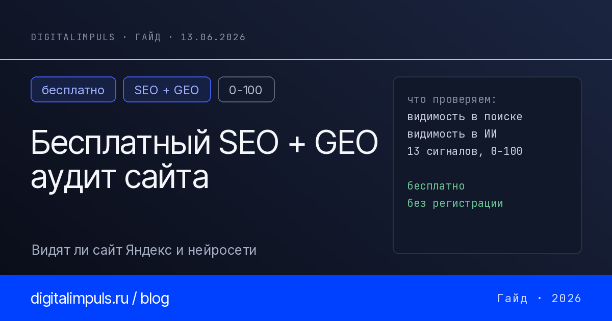 Бесплатный SEO и GEO аудит сайта онлайн без регистрации: проверьте, видят ли сайт Яндекс, Google и нейросети. Оценка 0-100 по 13 сигналам, технический разбор и проверка сайта на ошибки за пару минут.