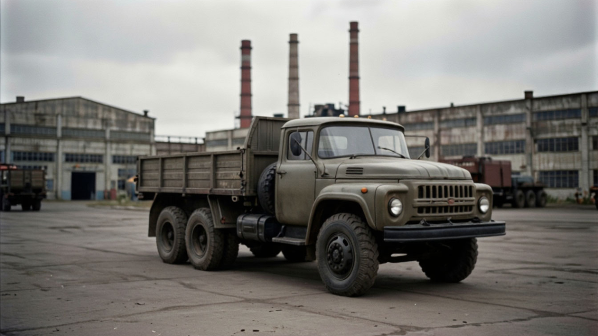 ЗИЛ-130 советский грузовик на заводском дворе, документальное фото эпохи СССР