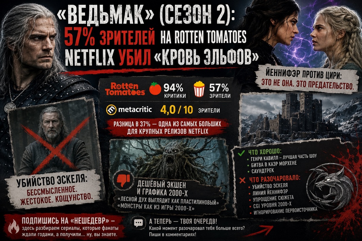 Второй сезон «Ведьмака» от Netflix получил лишь 57% от зрителей на Rotten Tomatoes: фанаты раскритиковали смерть Эскеля, изменения характера Йеннифэр и отход от сюжета романа «Кровь эльфов».