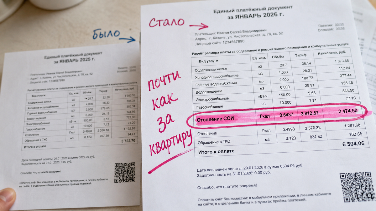 Смотрим не итог внизу, а две строки рядом: "отопление" и "отопление СОИ".