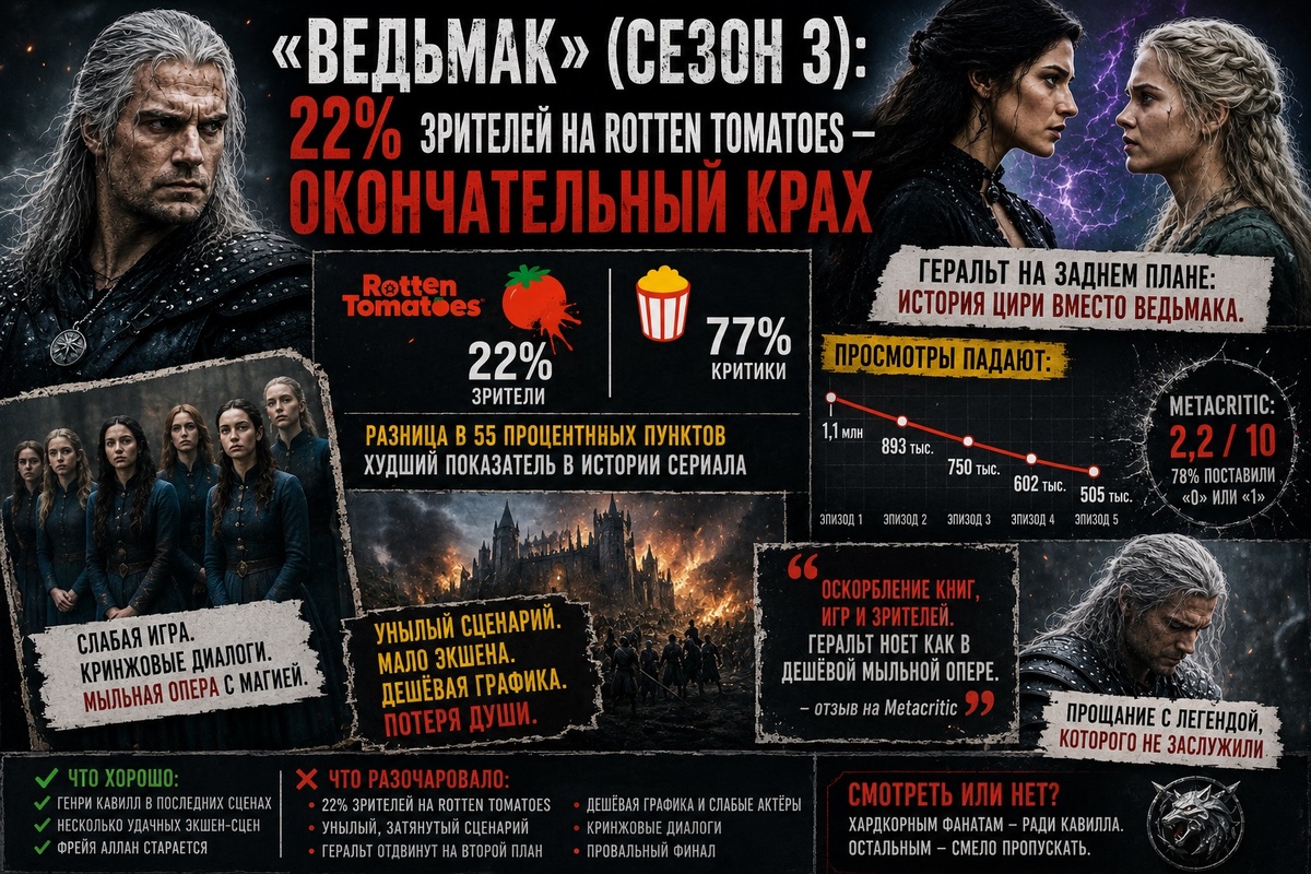 Третий сезон сериала «Ведьмак» от Netflix стал самым спорным в истории шоу: рейтинг зрителей на Rotten Tomatoes упал до 22%, а уход Генри Кавилла окончательно подорвал доверие поклонников книг Анджея Сапковского и игровой серии The Witcher.