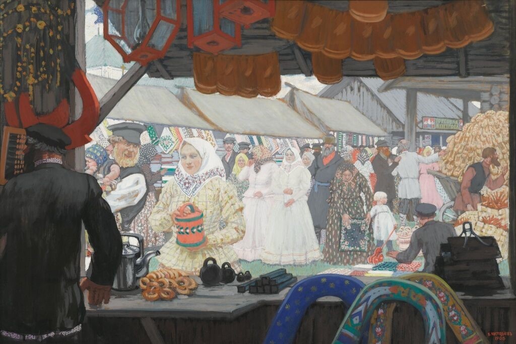 Борис Кустодиев. Ярмарка. 1908. Бумага, гуашь.