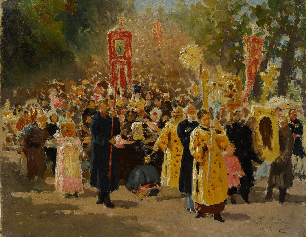 Илья Репин. Крестный ход в дубовом лесу. Явленная икона. Эскиз. 1878. Холст, масло.