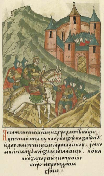 Ранение князя Ярослава Святополчича. Миниатюра из Лицевого летописного свода. XVI век