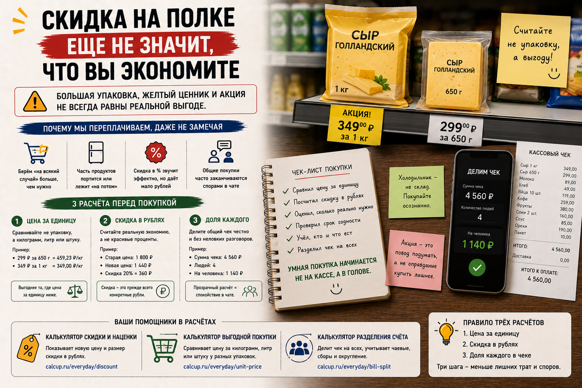 В магазине легко победить себя фразой "ну тут же акция". А потом дома обнаружить лишнюю упаковку, странный чек и общий чат, где никто не понимает, кто кому сколько должен.