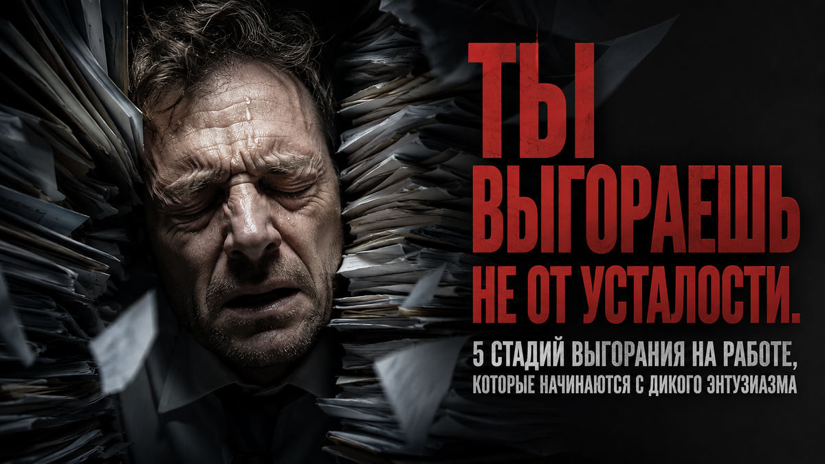Офисный сотрудник в состоянии крайнего отчаяния зажат между стопками документов, иллюстрируя выгорание на работе и его опасные стадии.