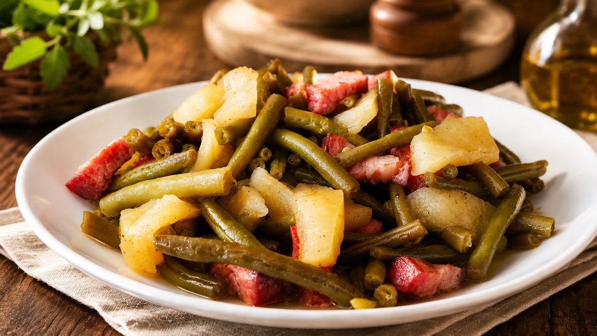 Фасоль тушеная с беконом и яблоком