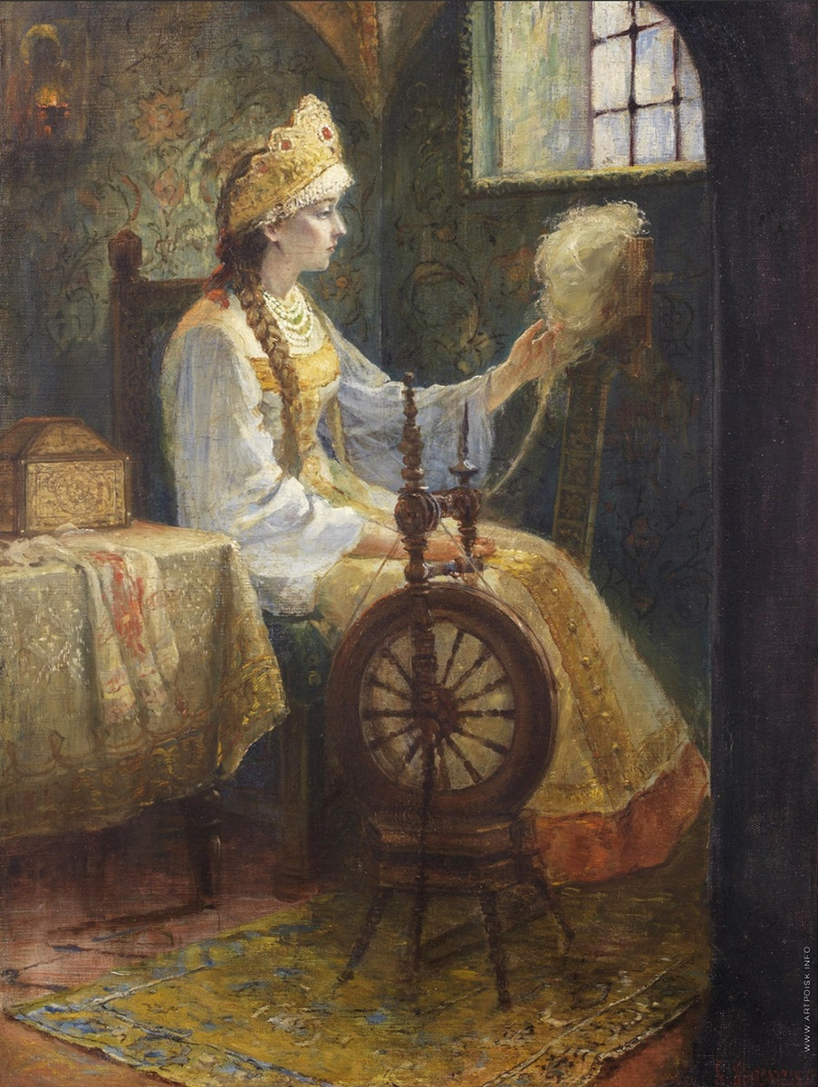 Милорадович С. Д.: Русская боярышня за прялкой. Холст, масло. До 1925