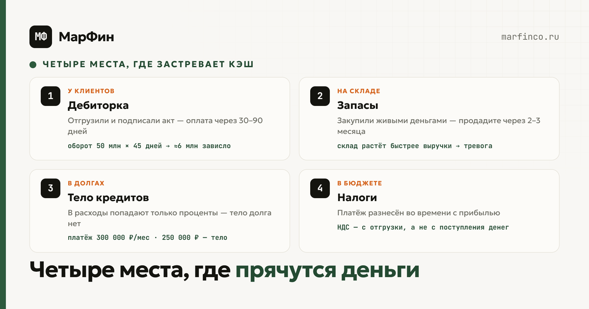 Четыре места, где чаще всего застревает кэш при здоровой прибыли: дебиторка, склад, тело кредитов и налоги