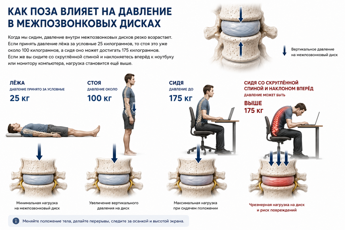 Как поза влияет на давление в межпозвонковых дисках. Нажмите на изображение, чтобы его увеличить.