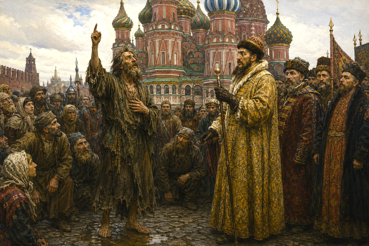 Юродивый собирал монетки для храма еще до похода на Казань. Предвидел? (Иллюстрация ИИ)