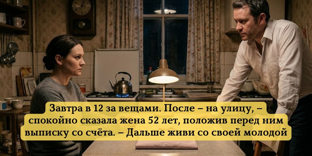 Завтра в 12 за вещами. После – на улицу, – спокойно сказала жена 52 лет, положив перед ним выписку со счёта. – Дальше живи со своей молодой