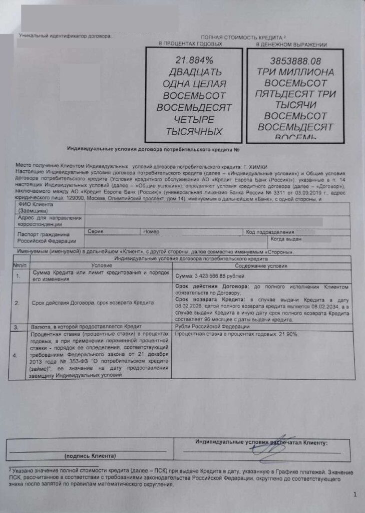 Кредитный договор в АО "Кредит Европа Банк"