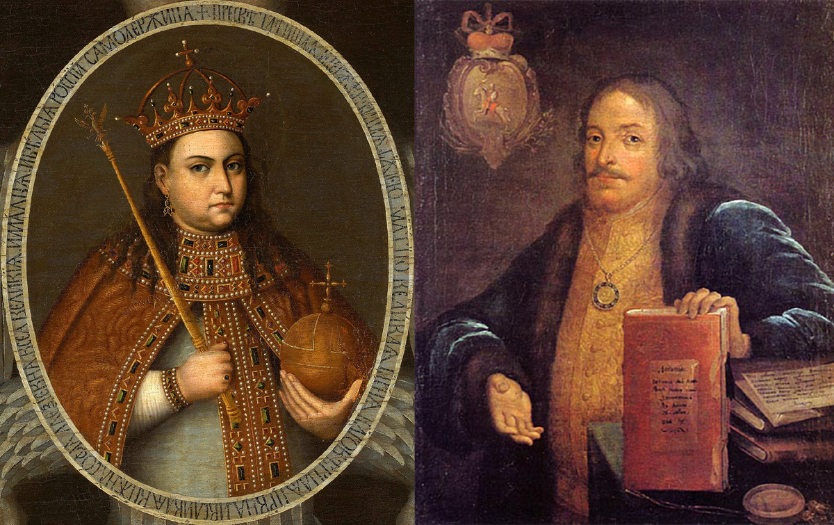 Портрет самодержицы Софьи Алексеевны (1657 — 1704 (46 лет)) (создан в 1680). Регент при своих младших братьях Иване и Петре в 1682-1689 годах. / Князь Василий Голицын с наградной медалью (1643-1714) (создан в 1714). В годы регентства Софьи Голицын был фактически руководителем русского правительства. С 1683 года он занимал должность главы Посольского приказа. После свержения Софьи в 1689 году Голицын лишился боярства и имущества, был сослан сначала в Каргополь, затем в село Кологоры Архангельской губернии.