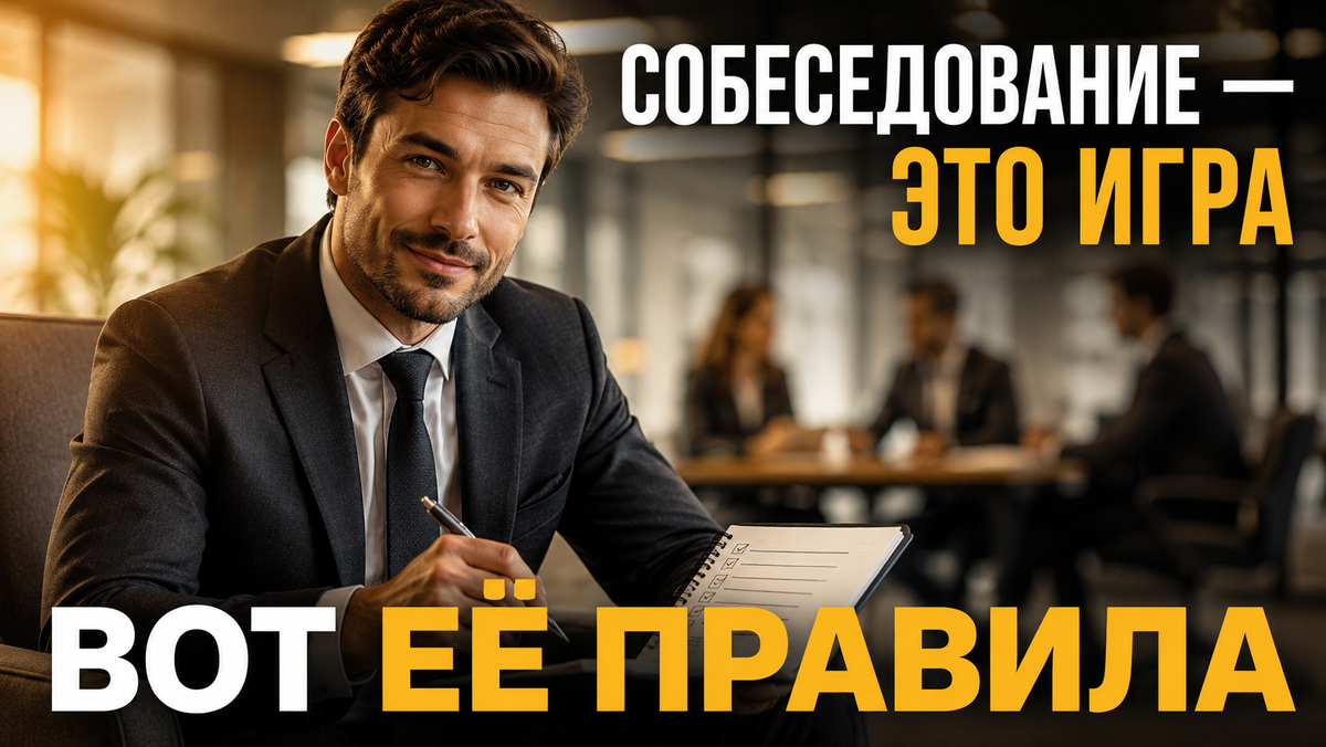 Уверенный мужчина в костюме с ручкой и блокнотом на фоне офиса.