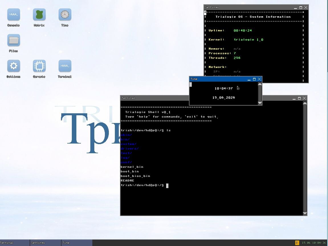 Рабочий стол Триалогия с запущеными программами terminal, settings, time