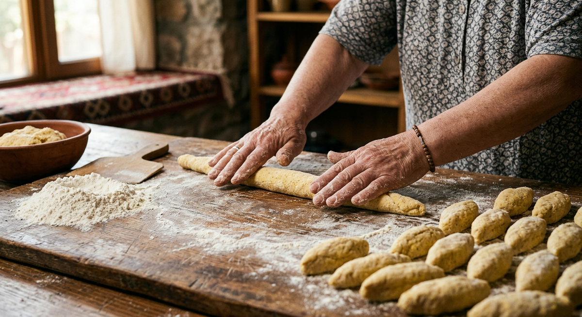 Галнаш скатывают руками — никакой машины, никакой скалки. Тесто плотное, форма произвольная. Главное — одинаковый размер чтобы варились равномерно