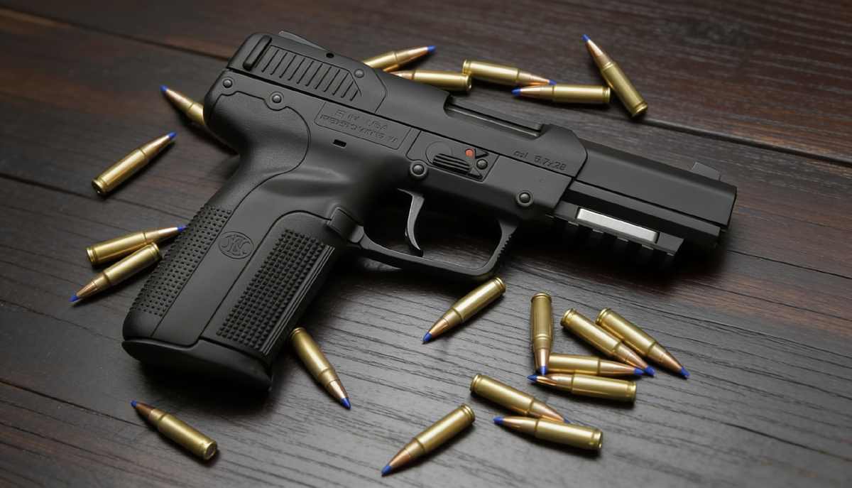 FN Five-seveN и тот самый патрон 5,7×28 мм. Остроносые пули винтовочного типа сразу выдают, что это не обычный пистолетный боеприпас.