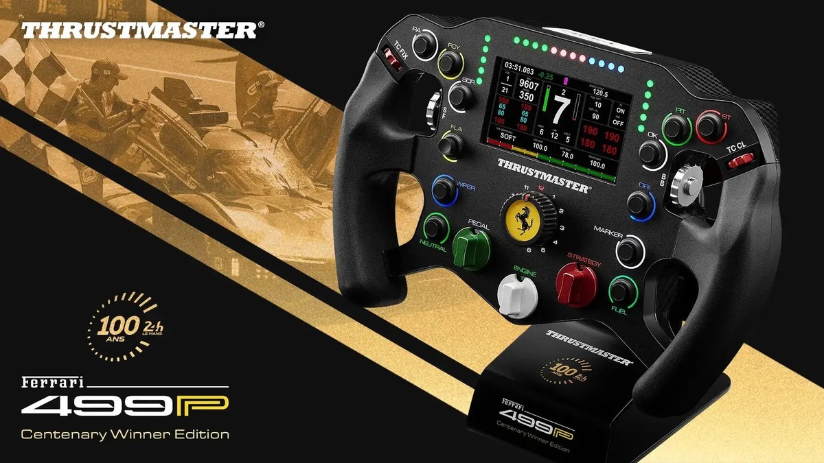    Ferrari 499P Thrustmaster racing wheel and stand, Centenary Winner Edition, with gold black design and branding text visible.