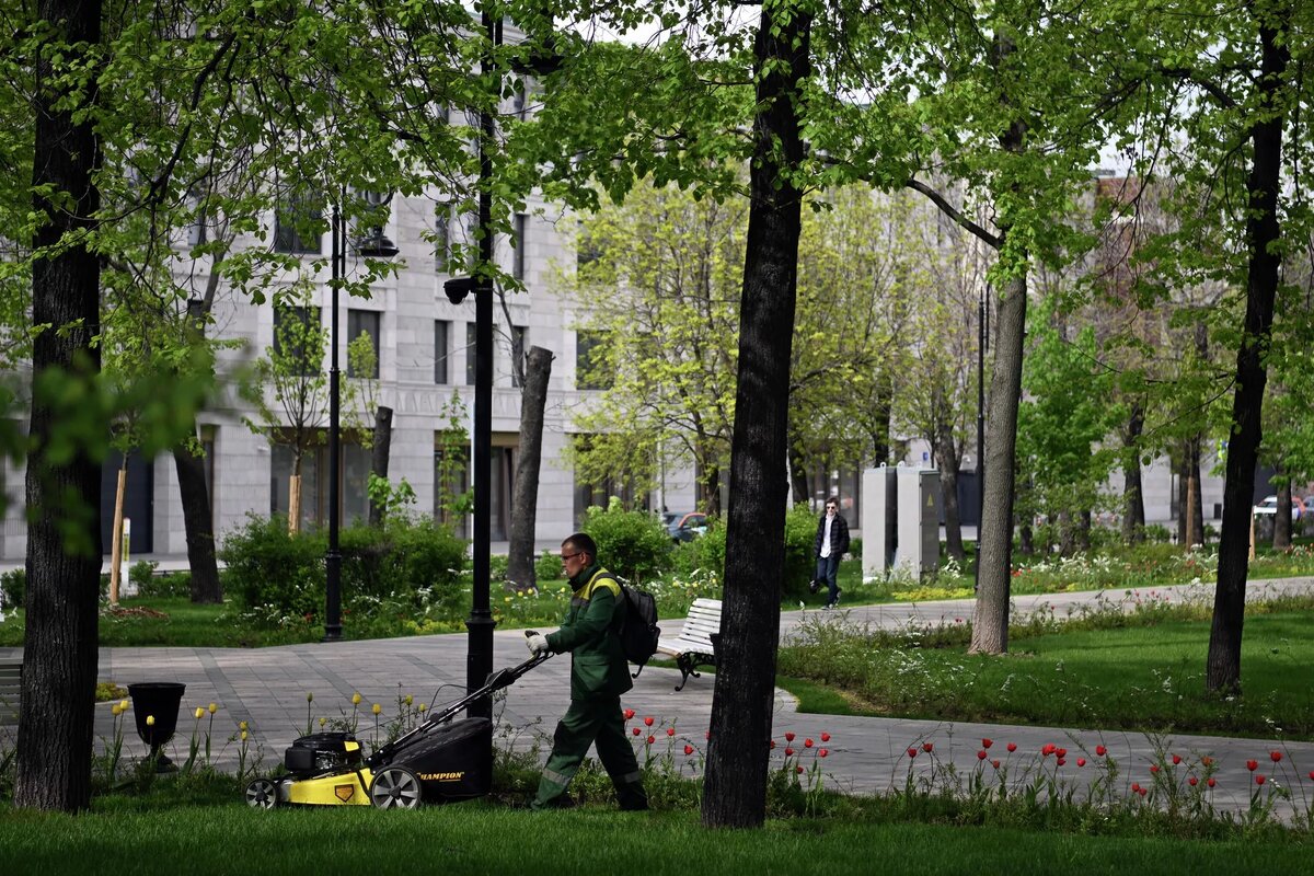 Сотрудник коммунальных служб косит траву в Репинском сквере в Москве | © РИА Новости / Павел Бедняков