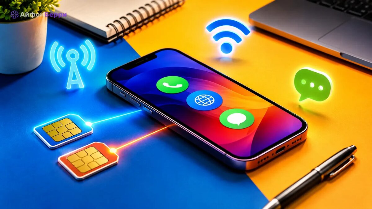 iPhone с двумя SIM-картами и отдельными линиями для звонков, интернета и сообщений.