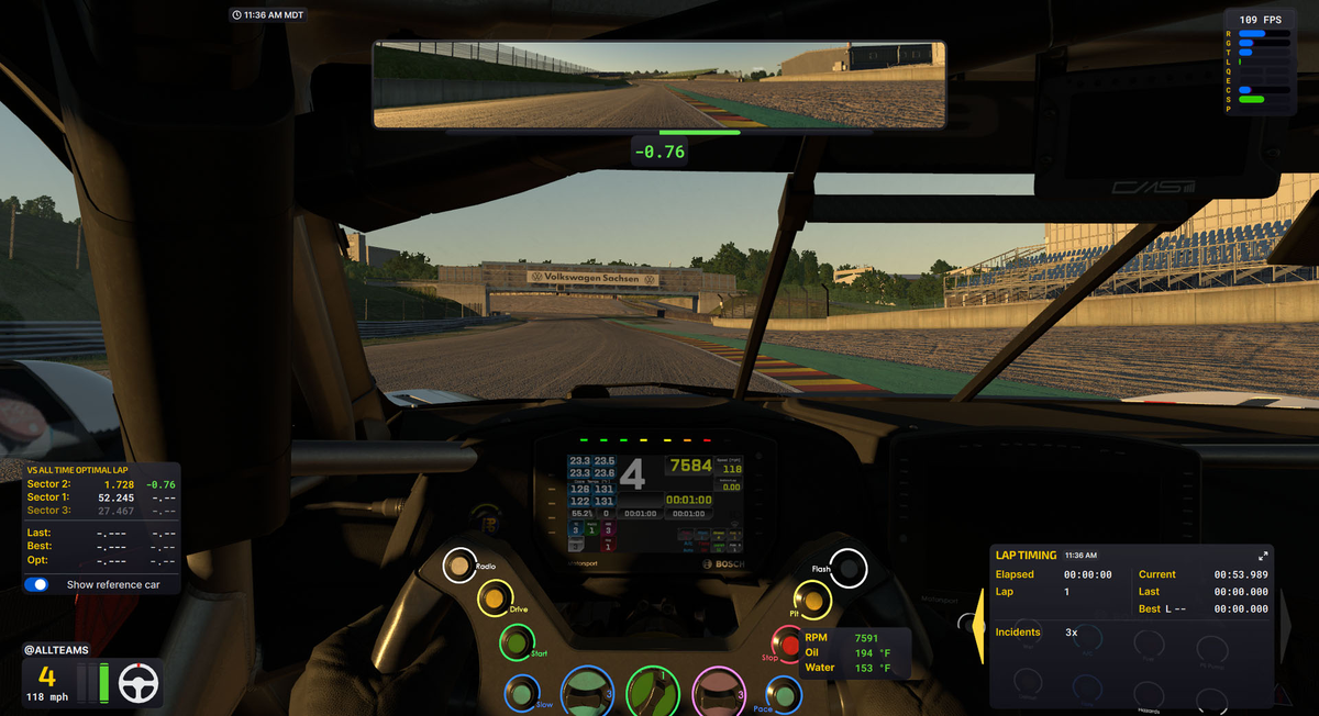 Интерфейс iRacing с телеметрией и болидом Формулы на трассе