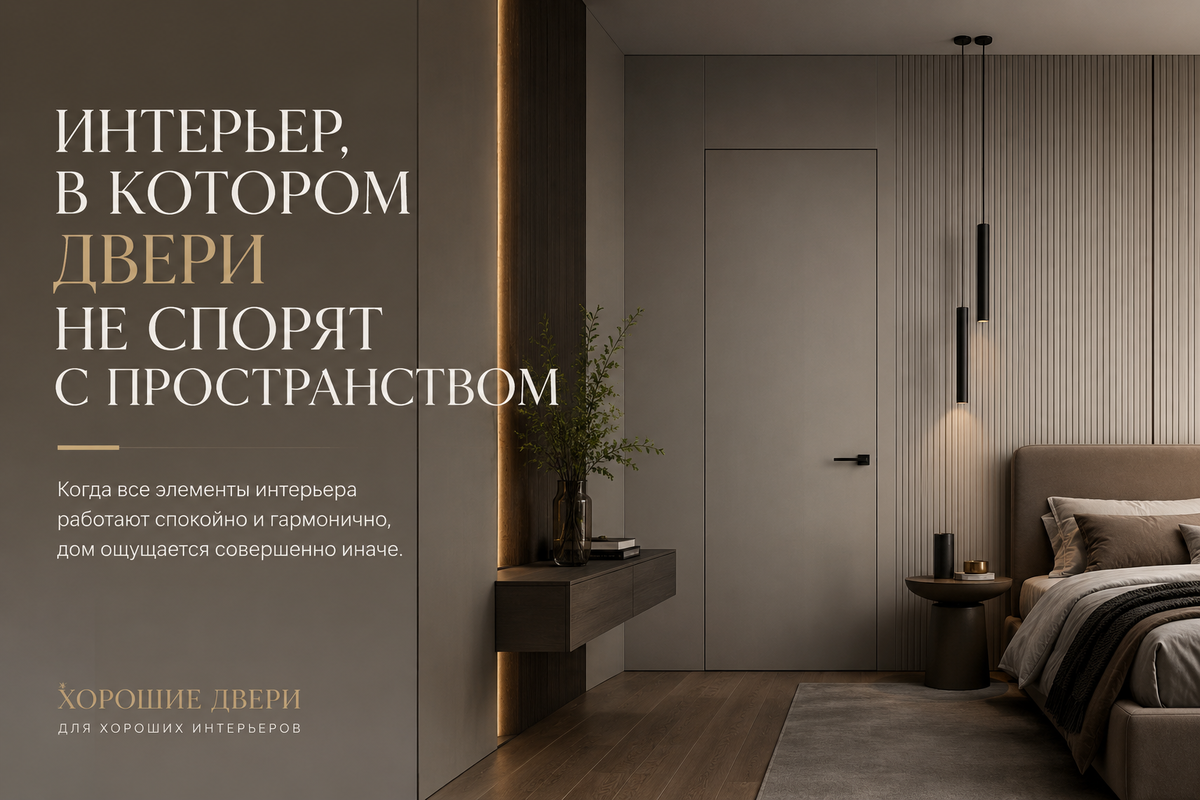 Спокойный интерьер с дверями скрытого монтажа и архитектурными стеновыми панелями.