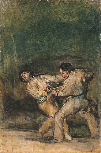 Франсиско Гойя «Поединок», 1820 –1824 годы. Холст, масло. Размеры: 31,3х21 см. Старая Пинакотека, Мюнхен. Инв. 8617. Фото картины взято из открытого источника.