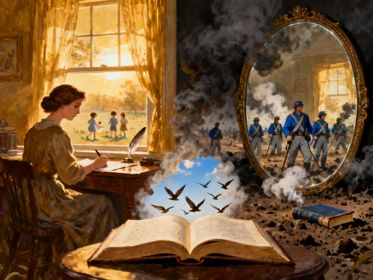 Слева — женщина за столом, пишущая книгу на кухне, среди семерых детей, со слезами на глазах. Справа — война, которую эта книга ускорила. «Хижина дяди Тома» не стреляла. Но она зарядила ружьё. И через 9 лет оно выстрелило.