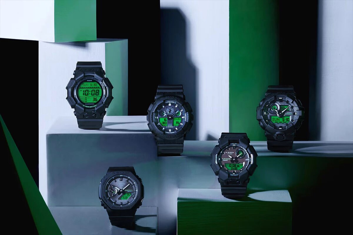 В серию G-Shock Black and Electro Green входят пять моделей в едином стиле, но с разным функционалом