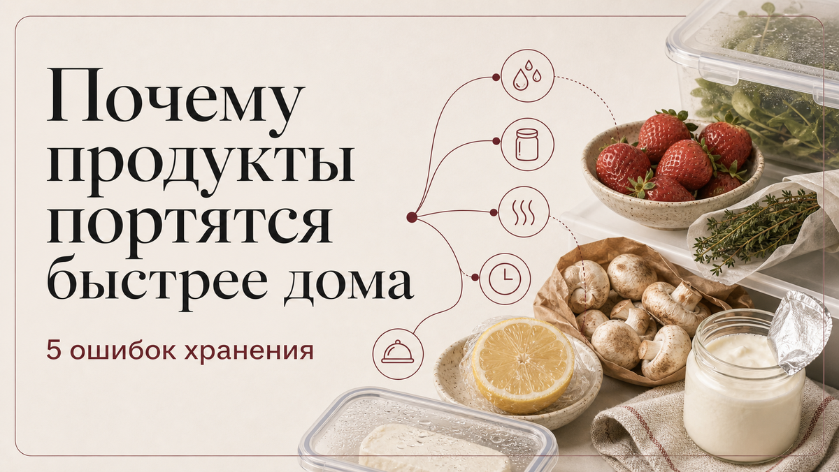 Продукты часто портятся не потому, что они плохие, а потому что дома их хранят в неподходящих условиях. Разбираем пять ошибок, из-за которых еда быстрее теряет вкус, аромат и свежесть.