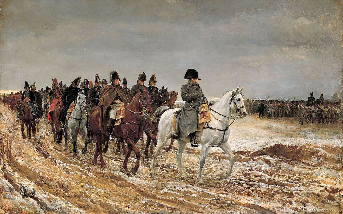 На картине Мейссонье 1864 года Кампания Франции, 1814 изображена колонна призывников на заднем плане