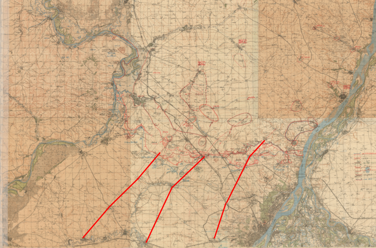 «Отчётная карта по СталФ (4 ТА, 1 гв., 24 и 66 А) за период с 5.9 по 10.9.1942 г.» (ЦАМО, Фонд: 220, Опись: 220, Дело: 91). Где нанесены разграничительные линии между наступающими армиями. Поскольку видно не очень хорошо, я эти линии дополнительно выделил.
