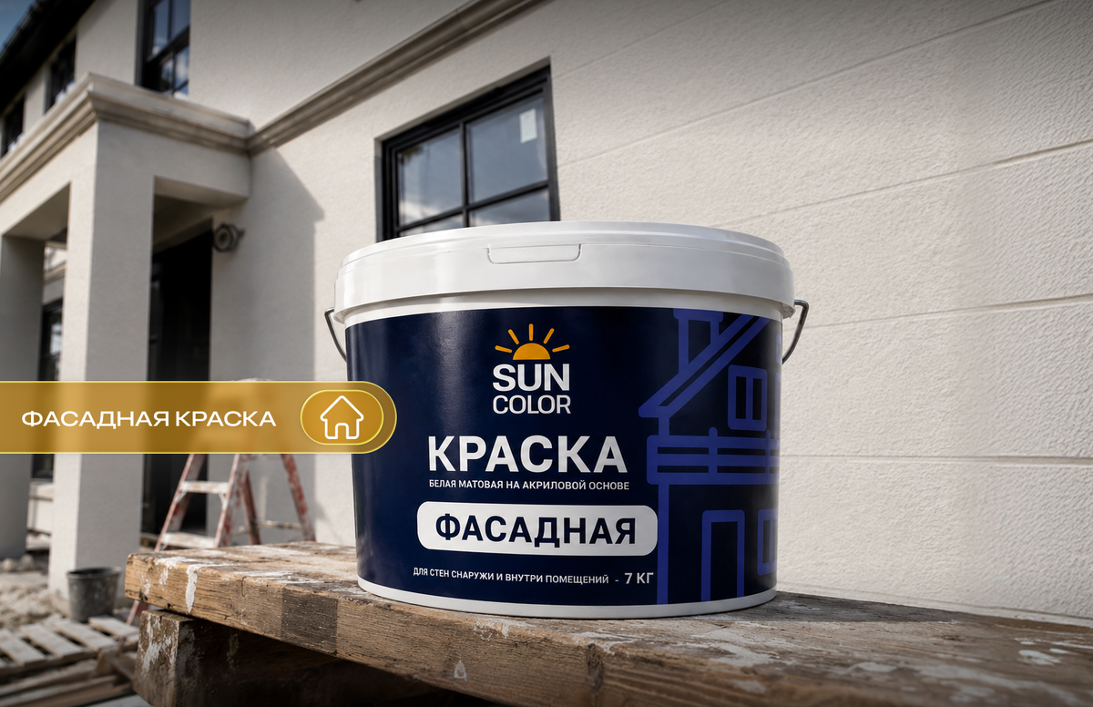 Фасадная краска Sun Color создает прочное матовое покрытие и помогает сохранить аккуратный внешний вид дома на долгие годы.